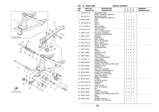 26
FIG. 19 REAR ARM BRAZO TRASERO
1 18G−22110−00 REAR ARM COMP. 1 1
BRAZO TRASERO COMPLETO
18G−22110−10 REAR ARM COMP. 1 1
BRAZO TRASERO COMPLETO
2 90386−18028 BUSH 2 2 2 2
BUJE
3 18G−22124−00 BUSH 2 1 1 1 1
BUJE 2
4 401−22128−01 SEAL, GUARD 2 2 2 2
TAPA DE EMPIJE
5 2N4−22141−00 SHAFT, PIVOT 1 1 1 1
EJE DEL BARCULANTE
6 90185−12046 NUT, SELF−LOCKING 1 1 1 1
TUERCA AUTOBLOCANTE
7 92907−12100 WASHER 1 1 1 1
ARANDELA
8 2A6−22151−00 SEAL, GUARD 1 1 1 1
SELLO DE GUARDA
9 2A6−22152−00 SEAL, GUARD 1 1 1 1
SELLO DE GUARDA
10 2A6−22318−00 GUARD, CHAIN 1 1 1 1
GUARDACADENA
11 97007−06016 BOLT 2 2 2 2
PERNO
12 92907−06600 WASHER, PLATE 2 2 2 2
ARANDELA
13 95807−08012 BOLT, FLANGE 1 1 1 1
TUERCA DE REBORDE
14 4F2−22311−01 CASE, CHAIN 1 1 1 1
CABRECADENA
15 98507−05016 SCREW, PAN HEAD 1 1 1 1
TORNILLO DE CABEZA CON PLANA
16 92907−05600 WASHER, PLATE 1 1 1 1
ARANDELA
17 90119−05059 BOLT, WITH WASHER 1 1 1 1
TORNILLO CON ARANDELA
18 90159−05018 SCREW, WITH WASHER 1 1 1 1
TORNILLO CON VALONA
19 2A6−22179−00 ARM, TENSIONER 1 1 1 1
BRAZO DE TENSOR
20 93109−14021 O−RING 2 2 2 2
RETEN DE ACEITE
21 2N0−22178−00 TENSIONER 1 1 1 1
TENSOR
22 1W1−22187−00 GUIDE, CHAIN 1 1 1 1
GUIA DE CADENA
23 95307−05700 NUT 2 2 2 2
TUERCA
24 98507−05035 SCREW, PAN HEAD 2 2 2 2
TORNILLO DE CABEZA CON PLANA
25 90109−10533 BOLT 1 1 1 1
PERNO
26 90508−35350 SPRING, TORSION 1 1 1 1
RESORTE DE TORSION
REF. PART NO. DESCRIPTION REMARKS
NO. CODIGO NO. DESCRIPTION OBSERVACION
3TT7
3TT8
3TS9
3TSA
 