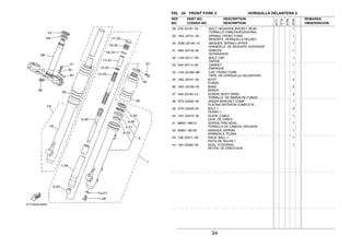 34
FIG. 24 FRONT FORK 2 HORQUILLA DELANTERA 2
28 278−23181−50 .BOLT, HEXAGON SOCKET HEAD 1
.TORNILLO CABEZAHEXAGONAL
29 18G−23141−00 .SPRING, FRONT FORK 1
.RESORTE HORQUILLA DELANT.
30 3DM−23149−10 .WASHER, SPRING UPPER 1
.ARANDELA DE RESORTE SUPERIOR
31 5N8−23118−00 .SPACER 1
.SEPARADOR
32 1U6−23111−M1 .BOLT, CAP 1
.TAPON
33 240−23114−00 .GASKET 1
.EMPAQUE
34 1U6−23168−M0 .CAP, FRONT FORK 1
.TAPA DE HORQUILLA DELANTERA
35 18G−23191−00 BOOT 2
FUNDA
36 18G−23192−00 BAND 2
BANDA
37 509−23194−L0 SCREW, BOOT BAND 2
TORNILLO DE BANDA DE FUNDA
38 3TS−23340−00 UNDER BRACKET COMP. 1
PLATINA INFERIOR COMPLETA
39 3TS−23346−00 BOLT 1 4
PERNO 1
40 10V−2331E−02 GUIDE, CABLE 1
GUIA DE CABLE
41 98501−06012 SCREW, PAN HEAD 1
TORNILLO DE CABEZA CRUZADA
42 92901−06100 WASHER, SPRING 1
ARANDELA PLANA
43 156−23411−00 RACE, BALL 1 1
PISTA DE BOLAS 1
44 164−23462−00 SEAL, STEERING 1
RETEN DE DIRECCION
REF. PART NO. DESCRIPTION REMARKS
NO. CODIGO NO. DESCRIPTION OBSERVACION
3TT7
3TT8
3TS9
3TSA
 