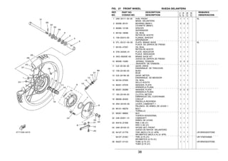 38
FIG. 27 FRONT WHEEL RUEDA DELANTERA
1 2A6−25111−00−35 HUB, FRONT 1 1 1 SL
MASA DELANTERA
2 93306−30101 BEARING (B6301) 2 2 2
COJINETE (B6301)
3 90560−12138 SPACER 1 1 1
SEPARADOR
4 93102−18008 OIL SEAL 1 1 1
RETEN DE ACEITE
5 109−25315−00 FLANGE, SPACER 1 1 1
SEPARADOR
6 3TL−25121−00−35 PLATE, BRAKE SHOE 1 1 1 SL
PLACA DE ZAPATA DE FRENO
7 93105−47007 OIL SEAL 1 1 1
RETEN DE ACEITE
8 3Y6−2533A−01 PLATE, INDICATOR 1 1 1
PLACA INDICADOR
9 3KG−W253E−00 BRAKE SHOE KIT 1 1 1
JUEGO DE ZAPATA DE FRENO
10 90506−15260 .SPRING, TENSION 2 2 2
.RESORTE DE TENSION
11 5J0−25135−00 GEAR, DRIVE 1 1 1
ENGRANAJE DE TRACCION
12 109−25136−00 BUSH 1 1 1
BUJE
13 5J0−25138−00 GEAR, METER 1 1 1
ENGRANAJE DE MEDIDOR
14 93104−07003 OIL SEAL 1 1 1
SELLO ACEITE
15 90201−07076 WASHER, PLATE 1 1 1
ARANDELA PLANA
16 90201−20269 WASHER, PLATE 2 2 2
ARANDELA PLANA
17 183−25149−00 CLUTCH, METER 1 1 1
EMBRAGUE DEL CUENTAKMS
18 99009−20400 CIRCLIP 1 1 1
PRESILLA REDONDA
19 2N4−25155−00 LEVER, CAMSHAFT 1 1 1 1
PALANCA DE ARBOL DE LEVAS 1
20 90101−06278 BOLT 1 1 1
TORNILLO
21 95301−06600 NUT 1 1 1
TUERCA HEXAGONAL
22 248−25351−10 CAMSHAFT 1 1 1
ARBOL DE LEVAS
23 94416−21006 RIM (1.60−21) 1 1 1
ARO (1.60−21)
24 2A6−25104−01 SPOKE SET, FRONT 1 1 1
JUEGO DE RAYOS DELANTERO
25 94127−21779 TIRE (MCS 2.75−21 4PR) 1 1 1 UR BRIDGESTONE
NEUMATICO (MCS 2.75−21 4PR)
94127−210A1 TIRE (2.75−21) 1 1 1 UR YOKOHAMA
NEUMATICO (2.75−21)
26 94227−21123 TUBE (2.75−21) 1 1 1 UR BRIDGESTONE
TUBO (2.75−21)
REF. PART NO. DESCRIPTION REMARKS
NO. CODIGO NO. DESCRIPTION OBSERVACION
3TT7
3TT8
3TS9
3TSA
 