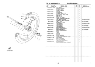 40
FIG. 28 FRONT WHEEL 2 RUEDA DELANTERA 2
1 34X−25111−02−35 HUB, FRONT 1 SL
MASA DELANTERA
2 93306−20205 BEARING (B6202) 2
COJINETE (B6202)
3 90560−15290 SPACER 1
SEPARADOR
4 93102−20281 OIL SEAL (SD 20−35−5) 1
SELLO ACEITE (SD 20−35−5)
5 94416−21007 RIM (1.60−21) 1
ARO (1.60−21)
6 34Y−25104−00 SPOKE SET, FRONT 1
JUEGO DE RAYOS DELANTERO
7 94127−21779 TIRE (MCS 2.75−21 4PR) 1 UR BRIDGESTONE
NEUMATICO (MCS 2.75−21 4PR)
94127−210A1 TIRE (2.75−21) 1 UR YOKOHAMA
NEUMATICO (2.75−21)
8 94227−21123 TUBE (2.75−21) 1 UR BRIDGESTONE
TUBO (2.75−21)
94225−21186 TUBE (2.50−21) 1 UR YOKOHAMA
TUBO (2.50−21)
9 94330−21084 BAND, RIM (3.00−21) 1 UR BRIDGESTONE
BANDA DE ARO (3.00−21)
94325−21117 BAND, RIM (2.50−21) 1 UR YOKOHAMA
BANDA DE ARO (2.50−21)
10 90338−09130 PLUG 1
TAPON
11 90387−15600 COLLAR 1
COLLAR
12 322−25118−00 COVER, HUB DUST 1
CUBIERTA DE MASA PARA POLVO
13 33M−25181−00 AXLE, WHEEL 1
EJE DE LA RUEDA
14 95604−14200 NUT, SELF−LOCKING 1
TUERCA DE AUTO−CIERRE
15 34X−25190−01 GEAR UNIT ASSY 1
UNIDAD DE ENGRANAJE COMPLETA
REF. PART NO. DESCRIPTION REMARKS
NO. CODIGO NO. DESCRIPTION OBSERVACION
3TT7
3TT8
3TS9
3TSA
 