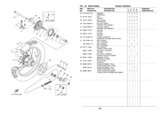 43
FIG. 30 REAR WHEEL RUEDA TRASERA
23 10V−25412−00 WASHER 2 2 2 2
ARANDELA
24 90170−10219 NUT 4 4 4 4
TUERCA
25 90116−10390 BOLT, STUD 4 4 4 4
ESPARRAGO
26 1W2−25388−01 PULLER, CHAIN 1 1 1 1 1
TIRADOR DE CADENA 1
27 1W2−25389−01 PULLER, CHAIN 2 1 1 1 1
TIRADOR DE CADENA 2
28 90387−157F0 COLLAR 1 1 1 1
COLLAR
29 90387−157F0 COLLAR 1 1 1 1
COLLAR
30 401−25367−00 COVER, HUB DUST 1 1 1 1
CUBIERTA DE MASA PARA POLVO
31 18G−25381−00 AXLE, WHEEL 1 1
EJE DE RUEDA
18G−25381−10 AXLE, WHEEL 1 1
EJE DE RUEDA
32 90171−14020 NUT, CASTLE 1 1
TUERCA ENTALLADA
95607−14200 NUT, SELF−LOCKING 1
TUERCA
95604−14200 NUT, SELF−LOCKING 1
TUERCA DE AUTO−CIERRE
33 90201−15238 WASHER, PLATE 1 1
ARANDELA PLANA
34 91401−30030 PIN, COTTER 1 1
CHAVETA
35 94580−88116 CHAIN (DID428HG−116LL) 1 1
CADENA (DID428HG−116LL)
94580−88118 CHAIN (DID428HG−118L) 1 1
CADENA (DID428HG−118L)
36 94680−88001 .JOINT, CHAIN (DID 428HG) 1 1 1 1
.CONECTOR DE CADENA (DID 428HG)
REF. PART NO. DESCRIPTION REMARKS
NO. CODIGO NO. DESCRIPTION OBSERVACION
3TT7
3TT8
3TS9
3TSA
 