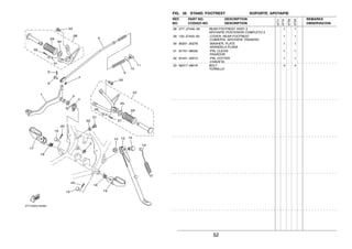 52
FIG. 35 STAND. FOOTREST SOPORTE. APOYAPIE
28 3TT−27440−00 REAR FOOTREST ASSY 2 1 1
APOYAPIE POSTERIOR COMPLETO 2
29 120−27433−00 .COVER, REAR FOOTREST 1 1
.CUBIERTA APOYAPIE TRASERO
30 90201−20279 .WASHER, PLATE 1 1
.ARANDELA PLANA
31 91701−06032 .PIN, CLEVIS 1 1
.PASADOR
32 91401−20012 .PIN, COTTER 1 1
.CHAVETA
33 92017−08016 BOLT 4 4
TORNILLO
REF. PART NO. DESCRIPTION REMARKS
NO. CODIGO NO. DESCRIPTION OBSERVACION
3TT7
3TT8
3TS9
3TSA
 