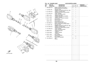56
FIG. 39 FLASHER LIGHT LUZ DE DESTELLADOR
1 18G−83310−00 FRONT FLASHER LIGHT ASSY 1 2 2
DESTELLADOR DE LUZ DELANT. 1
2 115−83311−60 .BULB (6V−18W) 1 1
.BOMBILLA DE DESTELLADOR (6V−18W)
3 5Y1−83313−00 .GASKET, FLASHER LENS 1 1
.EMPAQUE DE LENTE DESTELLADOR
4 5Y1−83312−00 .LENS, FLASHER 1 1
.LENTE DE DESTELLADOR
5 98501−04010 .SCREW, PAN HEAD 1 1
.TORNILLO DE CABEZA CRUZADA
6 97701−40530 .SCREW, TAPPING 1 1
.TORNILLO, DE CABEZA CRUZADA
7 95707−12500 NUT, FLANGE 2
TUERCA DE BRIDA
95702−12500 NUT, FLANGE 2
TUERCA DE REBORDE
8 18G−83330−01 REAR FLASHER LIGHT ASSY 1 2 2
DESTELLADOR DE LUZ TRAS.COMPL. 1
9 115−83311−60 .BULB (6V−18W) 1 1
.BOMBILLA DE DESTELLADOR (6V−18W)
10 5Y1−83313−00 .GASKET, FLASHER LENS 1 1
.EMPAQUE DE LENTE DESTELLADOR
11 5Y1−83312−00 .LENS, FLASHER 1 1
.LENTE DE DESTELLADOR
12 98502−04012 .SCREW, PAN HEAD 1 1
.TORNILLO
13 97702−40530 .SCREW, TAPPING 1 1
.TORNILLO
14 95707−12500 NUT, FLANGE 2
TUERCA DE BRIDA
95702−12500 NUT, FLANGE 2
TUERCA DE REBORDE
15 18G−83365−00 CAP 2 2
TAPON
REF. PART NO. DESCRIPTION REMARKS
NO. CODIGO NO. DESCRIPTION OBSERVACION
3TT7
3TT8
3TS9
3TSA
 