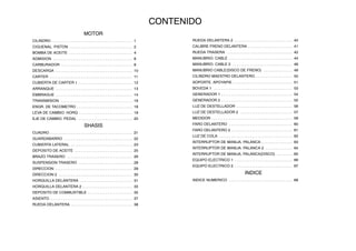 CONTENIDO
MOTOR
CILINDRO 1. . . . . . . . . . . . . . . . . . . . . . . . . . . . . . . . . . . . . . . . . .
CIGUENAL. PISTON 2. . . . . . . . . . . . . . . . . . . . . . . . . . . . . . . . .
BOMBA DE ACEITE 4. . . . . . . . . . . . . . . . . . . . . . . . . . . . . . . . .
ADMISION 6. . . . . . . . . . . . . . . . . . . . . . . . . . . . . . . . . . . . . . . . .
CARBURADOR 8. . . . . . . . . . . . . . . . . . . . . . . . . . . . . . . . . . . . .
DESCARGA 10. . . . . . . . . . . . . . . . . . . . . . . . . . . . . . . . . . . . . . . .
CARTER 11. . . . . . . . . . . . . . . . . . . . . . . . . . . . . . . . . . . . . . . . . . .
CUBIERTA DE CARTER 1 12. . . . . . . . . . . . . . . . . . . . . . . . . . . .
ARRANQUE 13. . . . . . . . . . . . . . . . . . . . . . . . . . . . . . . . . . . . . . . .
EMBRAGUE 14. . . . . . . . . . . . . . . . . . . . . . . . . . . . . . . . . . . . . . . .
TRANSMISION 16. . . . . . . . . . . . . . . . . . . . . . . . . . . . . . . . . . . . .
ENGR. DE TACOMETRO 18. . . . . . . . . . . . . . . . . . . . . . . . . . . . .
LEVA DE CAMBIO. HORQ 19. . . . . . . . . . . . . . . . . . . . . . . . . . . .
EJE DE CAMBIO. PEDAL 20. . . . . . . . . . . . . . . . . . . . . . . . . . . .
SHASIS
CUADRO 21. . . . . . . . . . . . . . . . . . . . . . . . . . . . . . . . . . . . . . . . . . .
GUARDABARRO 22. . . . . . . . . . . . . . . . . . . . . . . . . . . . . . . . . . . .
CUBIERTA LATERAL 23. . . . . . . . . . . . . . . . . . . . . . . . . . . . . . . .
DEPOSITO DE ACEITE 25. . . . . . . . . . . . . . . . . . . . . . . . . . . . . .
BRAZO TRASERO 26. . . . . . . . . . . . . . . . . . . . . . . . . . . . . . . . . .
SUSPENSION TRASERO 28. . . . . . . . . . . . . . . . . . . . . . . . . . . .
DIRECCION 29. . . . . . . . . . . . . . . . . . . . . . . . . . . . . . . . . . . . . . . .
DIRECCION 2 30. . . . . . . . . . . . . . . . . . . . . . . . . . . . . . . . . . . . . .
HORQUILLA DELANTERA 31. . . . . . . . . . . . . . . . . . . . . . . . . . .
HORQUILLA DELANTERA 2 33. . . . . . . . . . . . . . . . . . . . . . . . . .
DEPOSITO DE COMBUSTIBLE 35. . . . . . . . . . . . . . . . . . . . . . .
ASIENTO 37. . . . . . . . . . . . . . . . . . . . . . . . . . . . . . . . . . . . . . . . . . .
RUEDA DELANTERA 38. . . . . . . . . . . . . . . . . . . . . . . . . . . . . . . .
RUEDA DELANTERA 2 40. . . . . . . . . . . . . . . . . . . . . . . . . . . . . .
CALIBRE FRENO DELANTERA 41. . . . . . . . . . . . . . . . . . . . . . .
RUEDA TRASERA 42. . . . . . . . . . . . . . . . . . . . . . . . . . . . . . . . . .
MANUBRIO. CABLE 44. . . . . . . . . . . . . . . . . . . . . . . . . . . . . . . . .
MANUBRIO. CABLE 2 46. . . . . . . . . . . . . . . . . . . . . . . . . . . . . . .
MANUBRIO CABLE(DISCO DE FRENO) 48. . . . . . . . . . . . . . .
CILINDRO MAESTRO DELANTERO 50. . . . . . . . . . . . . . . . . . .
SOPORTE. APOYAPIE 51. . . . . . . . . . . . . . . . . . . . . . . . . . . . . . .
BOVEDA 1 53. . . . . . . . . . . . . . . . . . . . . . . . . . . . . . . . . . . . . . . . .
GENERADOR 1 54. . . . . . . . . . . . . . . . . . . . . . . . . . . . . . . . . . . . .
GENERADOR 2 55. . . . . . . . . . . . . . . . . . . . . . . . . . . . . . . . . . . . .
LUZ DE DESTELLADOR 56. . . . . . . . . . . . . . . . . . . . . . . . . . . . .
LUZ DE DESTELLADOR 2 57. . . . . . . . . . . . . . . . . . . . . . . . . . .
MEDIDOR 58. . . . . . . . . . . . . . . . . . . . . . . . . . . . . . . . . . . . . . . . . .
FARO DELANTERO 60. . . . . . . . . . . . . . . . . . . . . . . . . . . . . . . . .
FARO DELANTERO 2 61. . . . . . . . . . . . . . . . . . . . . . . . . . . . . . . .
LUZ DE COLA 62. . . . . . . . . . . . . . . . . . . . . . . . . . . . . . . . . . . . . .
INTERRUPTOR DE MANIJA. PALANCA 63. . . . . . . . . . . . . . . .
INTERRUPTOR DE MANIJA. PALANCA 2 64. . . . . . . . . . . . . .
INTERRUPTOR DE MANIJA. PALANCA(DISCO) 65. . . . . . . .
EQUIPO ELECTRICO 1 66. . . . . . . . . . . . . . . . . . . . . . . . . . . . . .
EQUIPO ELECTRICO 2 67. . . . . . . . . . . . . . . . . . . . . . . . . . . . . .
INDICE
INDICE NUMERICO 68. . . . . . . . . . . . . . . . . . . . . . . . . . . . . . . . .
 