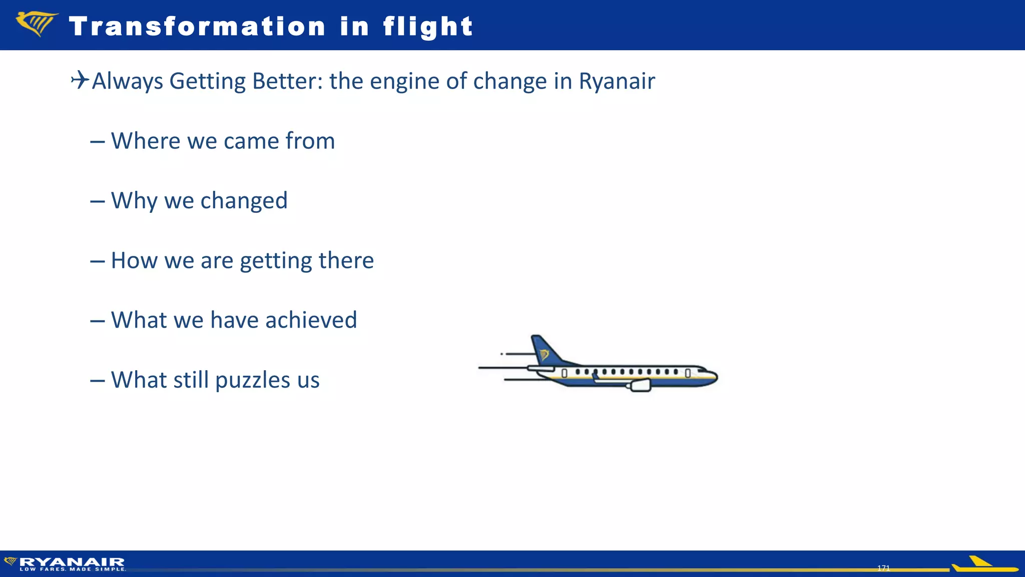 © Ryanair 2014
171
Always Getting Better: the engine of change in Ryanair
– Where we came from
– Why we changed
– How we are getting there
– What we have achieved
– What still puzzles us
Transformation in flight
 
