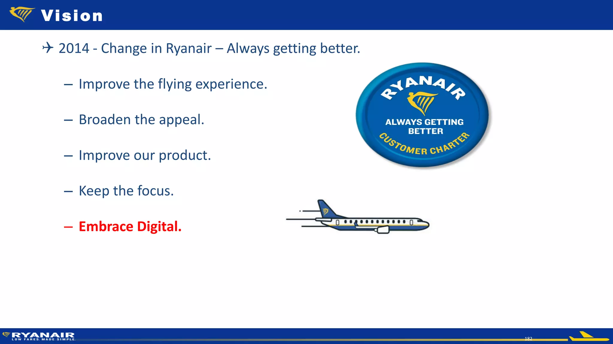 © Ryanair 2014
182
 2014 - Change in Ryanair – Always getting better.
– Improve the flying experience.
– Broaden the appeal.
– Improve our product.
– Keep the focus.
– Embrace Digital.
Vision
 