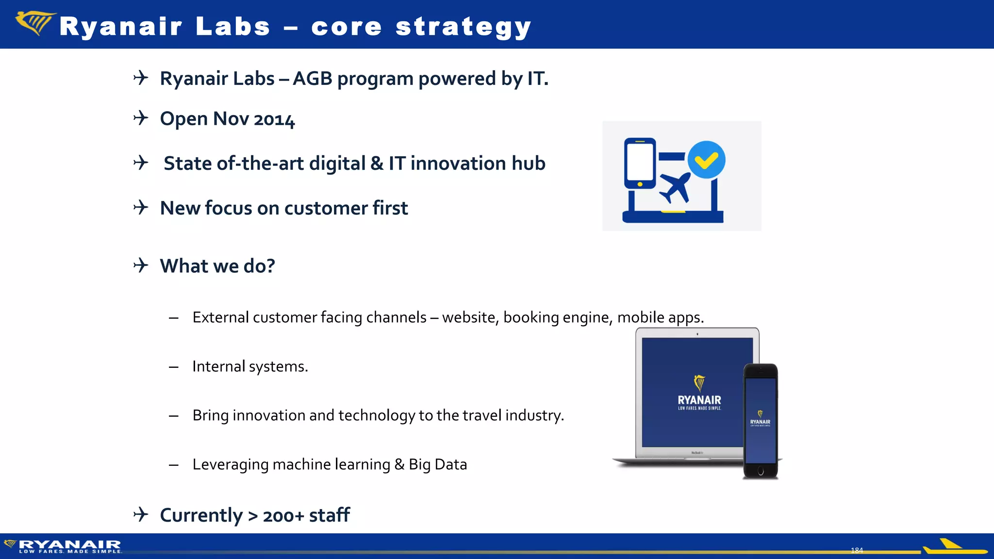 © Ryanair 2014
184
 Ryanair Labs – AGB program powered by IT.
 Open Nov 2014
 State of-the-art digital & IT innovation hub
 New focus on customer first
 What we do?
– External customer facing channels – website, booking engine, mobile apps.
– Internal systems.
– Bring innovation and technology to the travel industry.
– Leveraging machine learning & Big Data
 Currently > 200+ staff
Ryanair Labs – core strategy
 
