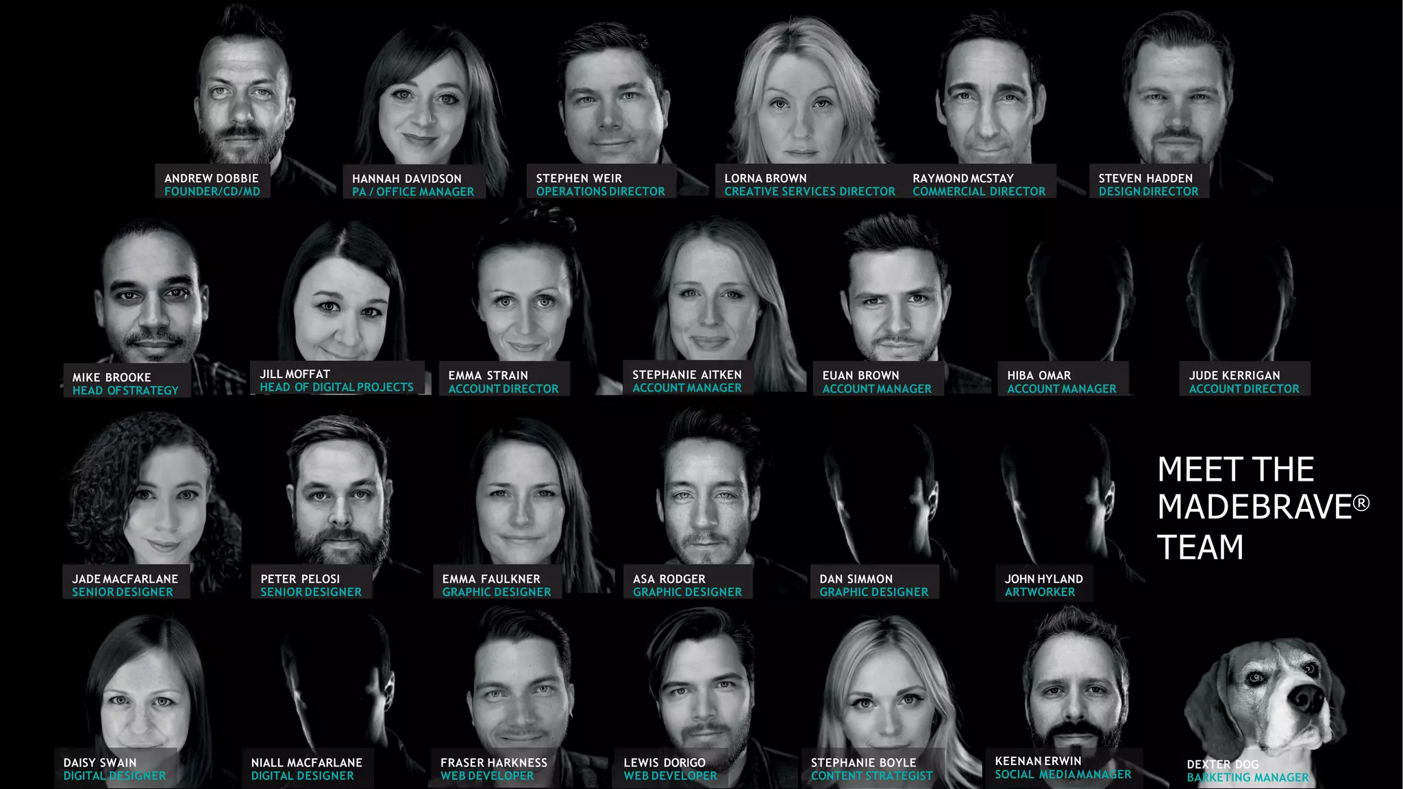 ANDREW DOBBIE
FOUNDER/CD/MD
JILL MOFFAT
HEAD OF DIGITALPROJECTS
EMMA STRAIN
ACCOUNT DIRECTOR
JADE MACFARLANE
SENIOR DESIGNER
PETER PELOSI
SENIOR DESIGNER
EMMA FAULKNER
GRAPHIC DESIGNER
ASA RODGER
GRAPHIC DESIGNER
DAN SIMMON
GRAPHIC DESIGNER
JOHN HYLAND
ARTWORKER
HANNAH DAVIDSON
PA / OFFICE MANAGER
STEPHEN WEIR
OPERATIONS DIRECTOR
LORNA BROWN RAYMOND MCSTAY
CREATIVE SERVICES DIRECTOR COMMERCIAL DIRECTOR
STEVEN HADDEN
DESIGN DIRECTOR
STEPHANIE AITKEN
ACCOUNT MANAGER
DEXTER DOG
BARKETING MANAGER
MIKE BROOKE
HEAD OFSTRATEGY
EUAN BROWN
ACCOUNT MANAGER
HIBA OMAR
ACCOUNT MANAGER
JUDE KERRIGAN
ACCOUNT DIRECTOR
MEET THE
MADEBRAVE®
TEAM
NIALL MACFARLANE
DIGITAL DESIGNER
DAISY SWAIN
DIGITAL DESIGNER
FRASER HARKNESS
WEB DEVELOPER
LEWIS DORIGO
WEB DEVELOPER
KEENAN ERWIN
SOCIAL MEDIAMANAGER
STEPHANIE BOYLE
CONTENT STRATEGIST
 