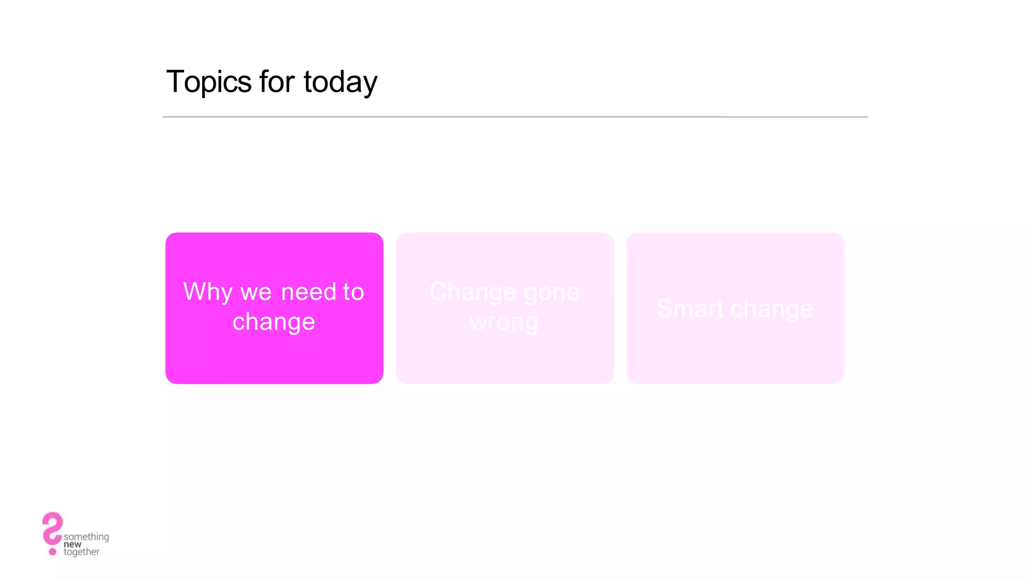 Topics for today
Why we need to
change
Change gone
wrong
Smart change
 