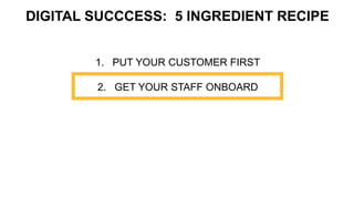 1. PUT YOUR CUSTOMER FIRST
2. GET YOUR STAFF ONBOARD
3. RESPECT YOUR BRAND AND WHAT YOU STAND FOR
4. REMOVE FRICTION; IF IT DOESN’T FIT, IT FAILS
5. DIGITAL MEETS BRICKS & MORTAR
DIGITAL SUCCCESS: 5 INGREDIENT RECIPE
 