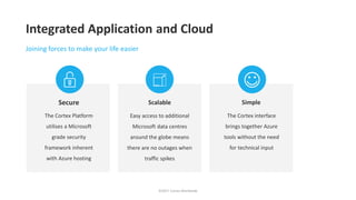 Integrated Application and Cloud
©2017 Cortex Worldwide
Joining forces to make your life easier
Secure Scalable Simple
The Cortex Platform
utilises a Microsoft
grade security
framework inherent
with Azure hosting
Easy access to additional
Microsoft data centres
around the globe means
there are no outages when
traffic spikes
The Cortex interface
brings together Azure
tools without the need
for technical input
 