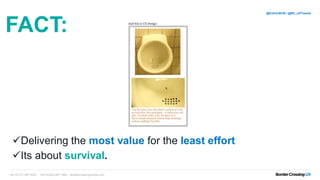 +44 (0)131 467 9227 +44 (0)203 097 1600 bordercrossingmedia.com
@EstherBCM / @BC_UXTweets
FACT:
✓Delivering the most value for the least effort
✓Its about survival.
 