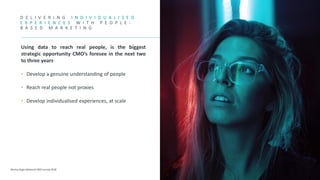 D E L I V E R I N G I N D I V I D U A L I S E D
E X P E R I E N C E S W I T H P E O P L E -
B A S E D M A R K E T I N G
Using data to reach real people, is the biggest
strategic opportunity CMO’s foresee in the next two
to three years.
• Develop a genuine understanding of people
• Reach real people not proxies
• Develop individualised experiences, at scale
Dentsu Aegis Network CMO Survey 2018
 