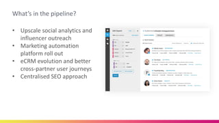 What’s in the pipeline?
• Upscale social analytics and
influencer outreach
• Marketing automation
platform roll out
• eCRM evolution and better
cross-partner user journeys
• Centralised SEO approach
• Ma
 