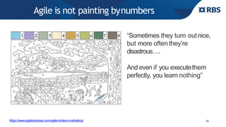 Agile is not painting bynumbers
25https://www.agilesherpas.com/agile-broken-marketing/
“Sometimes they turn outnice,
but more often they’re
disastrous….
And even if you executethem
perfectly, you learn nothing”
 