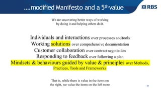 ….modified Manifesto and a 5thvalue
34
We are uncovering better ways of working
by doing it and helping others do it.
Individuals and interactions over processes andtools
Working solutions over comprehensive documentation
Customer collaboration over contractnegotiation
Responding to feedback over following a plan
Mindsets & behaviours guided by value & principles over Methods,
Practices, Tools and Frameworks
That is, while there is value in the items on
the right, we value the items on the left more
 