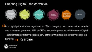 Enabling Digital Transformation
Legacy
Systems
Integrating
3rd Platform
Technologies
Business
Case
Identification
Digital Skills
Gap
Organisation
Culture
Security
In a digitally transformed organisation, IT is no longer a cost centre but an enabler
and a revenue generator. 47% of CEO’s are under pressure to introduce a Digital
Transformation strategy because 56% of those who have are already seeing the
benefits.
“ “
 