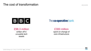 bordercrossingux.com | +44 (0) 131 467 9227 | @BC_UXTweets
The cost of transformation @EstherBCM
£98.3 million
written off in
unusable tech
assets
£300 million
spent on change of
core infrastructure
 