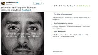 T H E C H A S E F O R P U R P O S E
• The Value of Communication
25% of a company’s market value is directly attributable to its
reputation*.
▪ Good for you, good for business
82% think their brand’s social commitment plays a role in their
business growth
▪ Rising expectations
64% of consumers will buy or boycott a brand because of its
position on a social or political issue
*World Economic Forum
 