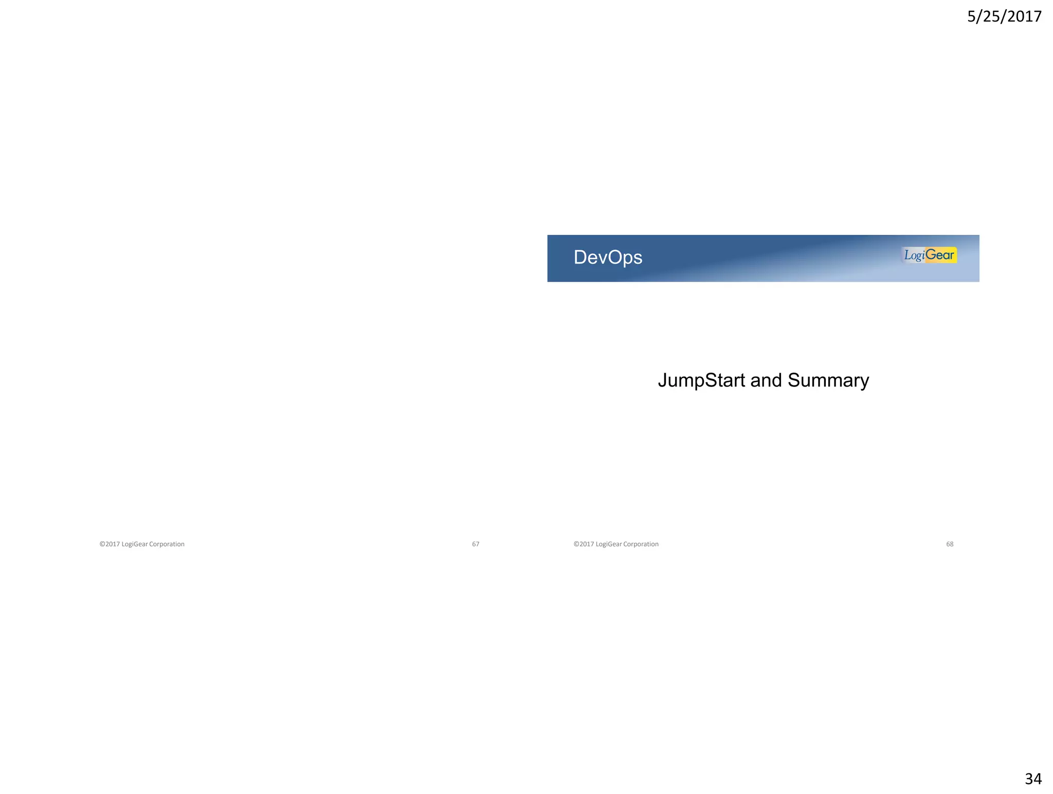 5/25/2017
34
©2017 LogiGear Corporation 67
JumpStart and Summary
DevOps
©2017 LogiGear Corporation 68
 