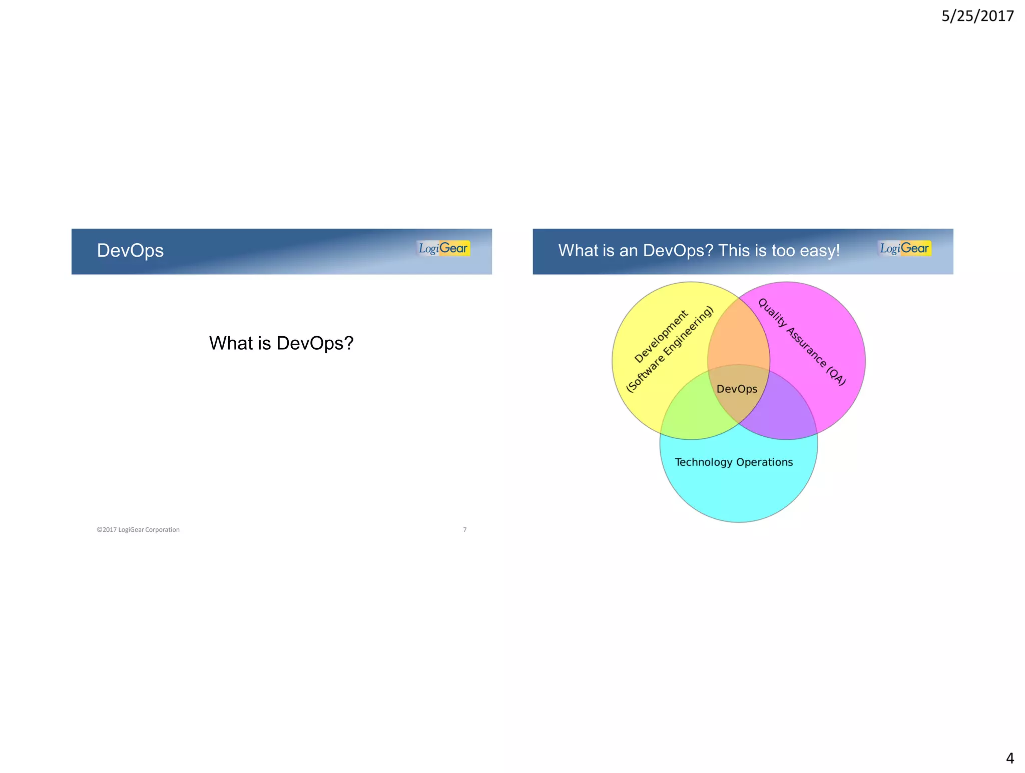 5/25/2017
4
What is DevOps?
DevOps
©2017 LogiGear Corporation 7
What is an DevOps? This is too easy!
 