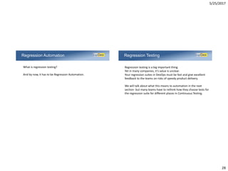 5/25/2017
28
Regression Automation
What is regression testing?
And by now, it has to be Regression Automation.
Regression Testing
Regression testing is a big important thing.
Yet in many companies, it’s value is unclear.
Your regression suites in DevOps must be fast and give excellent
feedback to the teams on risks of speedy product delivery.
We will talk about what this means to automation in the next
section- but many teams have to rethink how they choose tests for
the regression suite for different places in Continuous Testing.
 