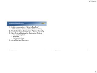 5/25/2017
2
1. In this presentation… What is DevOps?
– All the Continuous: Continuous Testing, Continuous Delivery
2. Production Line, Deployment Pipeline Mentality
3. New Testing Strategy for Continuous Testing
– How does Testing fit in?
– What to Fix
– Test Automation Suites
4. JumpStart and Summary
Seminar Overview
©2017 LogiGear Corporation 3 ©2017 LogiGear Corporation 4
 