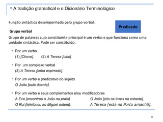 21
Função sintáctica desempenhada pelo grupo verbal.
Grupo verbal
Grupo de palavras cujo constituinte principal é um verbo e que funciona como uma
unidade sintáctica. Pode ser constituído:
• Por um verbo
(1) [Chove]. (2) A Teresa [caiu]
• Por um complexo verbal
(3) A Teresa [tinha espirrado].
• Por um verbo e predicativo do sujeito
O João [está doente].
• Por um verbo e seus complementos e/ou modificadores
A Eva [encontrou o João na praia]. O João [pôs os livros na estante].
O Rui [telefonou ao Miguel ontem]. A Teresa [está no Porto amanhã].
 A tradição gramatical e o Dicionário Terminológico
Predicado
 
