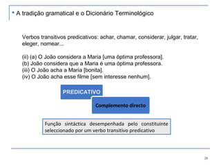 28
Verbos transitivos predicativos: achar, chamar, considerar, julgar, tratar,
eleger, nomear...
(ii) (a) O João considera a Maria [uma óptima professora].
(b) João considera que a Maria é uma óptima professora.
(iii) O João acha a Maria [bonita].
(iv) O João acha esse filme [sem interesse nenhum].
PREDICATIVO
Complemento directo
Função sintáctica desempenhada pelo constituinte
seleccionado por um verbo transitivo predicativo
 A tradição gramatical e o Dicionário Terminológico
 