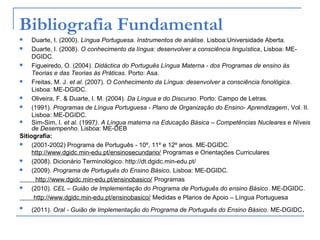 Bibliografia Fundamental
 Duarte, I. (2000). Língua Portuguesa. Instrumentos de análise. Lisboa:Universidade Aberta.
 Duarte, I. (2008). O conhecimento da língua: desenvolver a consciência linguística, Lisboa: ME-
DGIDC.
 Figueiredo, O. (2004). Didáctica do Português Língua Materna - dos Programas de ensino às
Teorias e das Teorias às Práticas. Porto: Asa.
 Freitas, M. J. et al. (2007). O Conhecimento da Língua: desenvolver a consciência fonológica.
Lisboa: ME-DGIDC.
 Oliveira, F. & Duarte, I. M. (2004). Da Língua e do Discurso. Porto: Campo de Letras.
 (1991). Programas de Língua Portuguesa - Plano de Organização do Ensino- Aprendizagem, Vol. II.
Lisboa: ME-DGIDC.
 Sim-Sim, I. et al. (1997). A Língua materna na Educação Básica – Competências Nucleares e Níveis
de Desempenho. Lisboa: ME-DEB
Sítiografia:
 (2001-2002) Programa de Português - 10º, 11º e 12º anos. ME-DGIDC.
http://www.dgidc.min-edu.pt/ensinosecundario/ Programas e Orientações Curriculares
 (2008). Dicionário Terminológico. http://dt.dgidc.min-edu.pt/
 (2009). Programa de Português do Ensino Básico. Lisboa: ME-DGIDC.
http://www.dgidc.min-edu.pt/ensinobasico/ Programas
 (2010). CEL – Guião de Implementação do Programa de Português do ensino Básico. ME-DGIDC.
http://www.dgidc.min-edu.pt/ensinobasico/ Medidas e Planos de Apoio – Língua Portuguesa

(2011). Oral - Guião de Implementação do Programa de Português do Ensino Básico. ME-DGIDC.
 