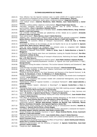 ÚLTIMOS DOCUMENTOS DE TRABAJO
2020-23: “How effective has the Spanish lockdown been to battle COVID-19? A spatial analysis of
the coronavirus propagation across provinces”, Luis Orea e Inmaculada C. Álvarez.
2020-02: “Capital humano y crecimiento: teoría, datos y evidencia empírica”, Angel de la Fuente.
2020-01: “Twin Default Crises”, Caterina Mendicino, Kalin Nikolov, Juan Rubio-Ramirez y Javier
Suarez.
2019-07: “Vivienda y política pública: objetivos e instrumentos”, Miguel-Ángel López García.
2019-06: “Mercados, entidades financieras y bancos centrales ante el cambio climático: retos y
oportunidades”, Clara I. González y Soledad Núñez.
2019-05: “Education and Gender Differences in Mortality Rates”, Cristina Belles-Obrero, Sergi Jiménez-
Martín y Judit Vall Castello.
2019-04: “Las viviendas turísticas ofertadas por plataformas on-line: Estado de la cuestión“, Armando
Ortuño y Juan Luis Jiménez.
2019-03: “Now-casting Spain”, Manu García y Juan F. Rubio-Ramírez.
2019-02: “Mothers’ care: reversing early childhood health shocks through parental investments”, Cristina
Belles-Obrero, Antonio Cabrales, Sergi Jimenez-Martin y Judit Vall-Castello.
2019-01: “Measuring the economic effects of transport improvements”, Ginés de Rus y Per-Olov
Johansson.
2018-15: “Diversidad de Género en los Consejos: el caso de España tras la Ley de Igualdad“,J. Ignacio
Conde-Ruiz, Manu García y Manuel Yáñez.
2018-14: “How can urban congestion be mitigated? Low emission zones vs. congestion tolls”, Valeria
Bernardo, Xavier Fageda y Ricardo Flores-Fillol.
2018-13: “Inference in Bayesian Proxy-SVARs“, Jonas E. Arias, Juan F. Rubio-Ramírez y Daniel F.
Waggoner.
2018-12: “Evaluating Large Projects when there are Substitutes: Looking for Possible Shortcuts“, Per-Olov
Johansson y Ginés de Rus.
2018-11: “Planning, evaluation and financing of transport infrastructures: Rethinking the basics”, Ginés de
Rus y M. Pilar Socorro.
2018-10: “Autonomía tributaria subnacional en América Latina”, Juan Pablo Jiménez e Ignacio Ruelas.
2018-09: “Ambition beyond feasibility?Equalization transfers to regional and local governments in Italy”,
Giorgio Brosio.
2018-08: “Equalisation among the states in Germany: The Junction between Solidarity and Subsidiarity”, Jan
Werner.
2018-07: “Child Marriage and Infant Mortality: Evidence from Ethiopia”, J.García-Hombrados
2018-06: “Women across Subfields in Economics: Relative Performance and Beliefs”, P. Beneitoa, J.E.
Boscá, J. Ferria y M. García.
2018-05: “Financial and Fiscal Shocks in the Great Recession and Recovery of the Spanish Economy”, J. E.
Boscá, R. Doménech, J. Ferri, R. Méndez y J. F. Rubio-Ramírez.
2018-04: “Transformación digital y consecuencias para el empleo en España. Una revisión de la investigación
reciente”, Lucas Gortazar.
2018-03: “Estimation of competing risks duration models with unobserved heterogeneity using hsmlogit”,
David Troncoso Ponce.
2018-02: “Redistributive effects of regional transfers: a conceptual framework”, Julio López-Laborda y
Antoni Zabalza.
2018-01: “European Pension System: ¿Bismarck or Beveridge?”, J. Ignacio Conde-Ruiz y Clara I.
González.
2017-15: “Estimating Engel curves: A new way to improve the SILC-HBS matching process”, Julio López-
Laborda, Carmen Marín-González y Jorge Onrubia.
2017-14: “New Approaches to the Study of Long Term Non-Employment Duration in Italy, Germany and
Spain”, B. Contini, J. Ignacio Garcia Perez, T. Pusch y R. Quaranta.
2017-13: “Structural Scenario Analysis and Stress Testing with Vector Autoregressions”, Juan Antolín-Díıaz
y Juan F. Rubio-Ramírez.
2017-12: “The effect of changing the number of elective hospital admissions on the levels of emergency
provision”, Sergi Jimenez-Martin, Catia Nicodemo y Stuart Redding.
2017-11: “Relevance of clinical judgement and risk stratification in the success of integrated care for
multimorbid patients”, Myriam Soto-Gordoa, Esteban de Manuel, Ane Fullaondo, Marisa
Merino, Arantzazu Arrospide, Juan Ignacio Igartua y Javier Mar.
2017-10: “Moral Hazard versus Liquidity and the Optimal Timing of Unemployment Benefits”, Rodolfo G.
Campos, J. Ignacio García-Pérez y Iliana Reggio.
2017-09: “Un análisis de modelos para financiar la educación terciaria: descripción y evaluación de impacto”,
Brindusa Anghel, Antonio Cabrales, Maia Güell y Analía Viola.
2017-08: “Great Recession and Disability Insurance in Spain”, Sergi Jiménez-Martín, Arnau Juanmarti
Mestres y Judit Vall Castelló.
2017-07: “Narrative Sign Restrictions for SVARs”, Juan Antolín-Díaz y Juan F. Rubio-Ramírez.
2017-06: “Faster estimation of discrete time duration models with unobserved heterogeneity using hshaz2”,
David Troncoso Ponce.
2017-05: “Heterogeneous Household Finances and the Effect of Fiscal Policy”, Javier Andrés,José E.Boscá,
Javier Ferri y Cristina Fuentes-Albero.
2017-04: “Statistical Discrimination and the Efficiency of Quotas”, J. Ignacio Conde-Ruiz, Juan-José
Ganuza y Paola Profeta.
2017-03: “Cargos por Azar”, Emilio Albi.
 