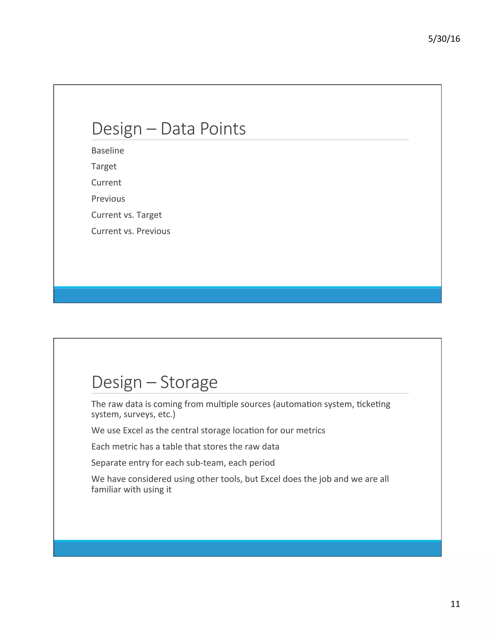 5/30/16	
11	
Design – Data Points
	 Baseline	
	 Target	
	 Current	
	 Previous	
	 Current	vs.	Target	
	 Current	vs.	Previous	
Design – Storage
	 The	raw	data	is	coming	from	mulDple	sources	(automaDon	system,	DckeDng	
system,	surveys,	etc.)	
	 We	use	Excel	as	the	central	storage	locaDon	for	our	metrics	
	 Each	metric	has	a	table	that	stores	the	raw	data	
	 Separate	entry	for	each	sub-team,	each	period	
	 We	have	considered	using	other	tools,	but	Excel	does	the	job	and	we	are	all	
familiar	with	using	it	
 