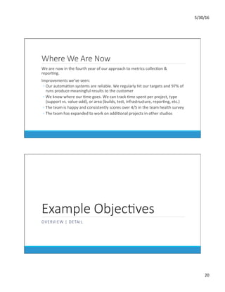5/30/16	
20	
Where We Are Now
	 We	are	now	in	the	fourth	year	of	our	approach	to	metrics	collecDon	&	
reporDng.	
	 Improvements	we’ve	seen:	
◦ Our	automaDon	systems	are	reliable.	We	regularly	hit	our	targets	and	97%	of	
runs	produce	meaningful	results	to	the	customer	
◦ We	know	where	our	Dme	goes.	We	can	track	Dme	spent	per	project,	type	
(support	vs.	value-add),	or	area	(builds,	test,	infrastructure,	reporDng,	etc.)	
◦ The	team	is	happy	and	consistently	scores	over	4/5	in	the	team	health	survey	
◦ The	team	has	expanded	to	work	on	addiDonal	projects	in	other	studios	
Example ObjecKves
OVERVIEW | DETAIL
 