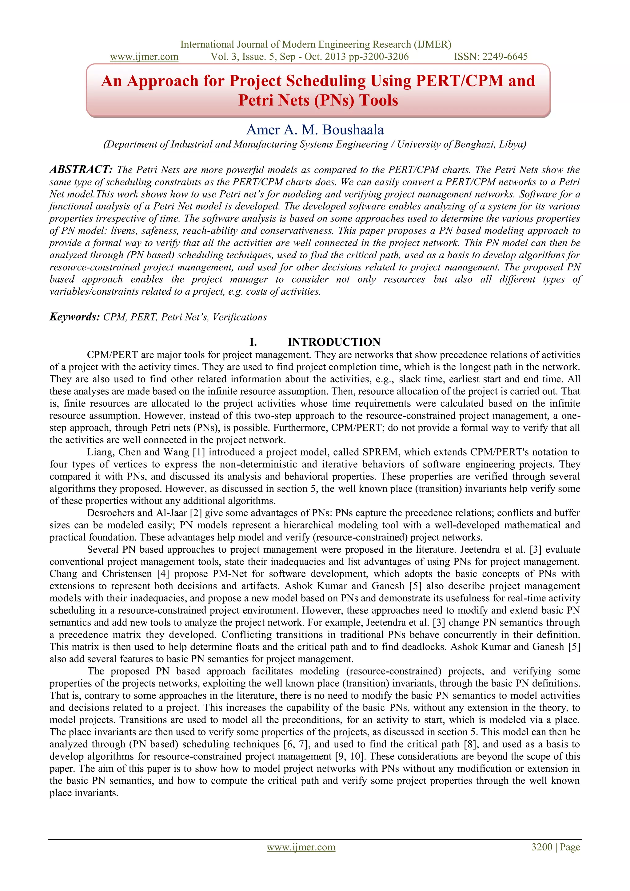An Approach for Project Scheduling Using PERT/CPM and Petri Nets (PNs ...