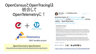 OpenCensus OpenTracing
OpenTelemetry
https://twitter.com/dankohn1/status/1125422653060333568
OpenTeremetry Specification
https://github.com/open-telemetry/opentelemetry-specification
 