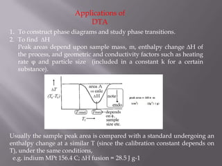 Applications of
                           DTA
1. To construct phase diagrams and study phase transitions.
2. To find ∆H
   Peak areas depend upon sample mass, m, enthalpy change ∆H of
   the process, and geometric and conductivity factors such as heating
   rate φ and particle size (included in a constant k for a certain
   substance).




Usually the sample peak area is compared with a standard undergoing an
enthalpy change at a similar T (since the calibration constant depends on
T), under the same conditions,
 e.g. indium MPt 156.4 C; ∆H fusion = 28.5 J g-1
 