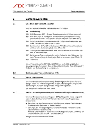 DTA Standards und Formate Zahlungsvarianten
Version 3.6 / 01.06.2011 9
2 Zahlungsvarianten
2.1 Überblick der Transaktionsarten
Im DTA-Format sind folgende Transaktionsarten (TA) möglich:
TA Bezeichnung
826 ESR-Zahlungen (ESR = Oranger Einzahlungsschein mit Referenznummer)
827 CHF-Zahlungen im Inland (Bank-/Postkontozahlungen und Postmandate)
(Postmandate werden nicht von allen Banken akzeptiert; siehe Ziffer 2.2.4)
830 Zahlungen an Finanzinstitute im Ausland in CHF und Fremdwährungen (FW)
sowie Fremdwährungs-Zahlungen im Inland
832 Bankchecks in CHF und Fremdwährungen (FW) (Diese Transaktionsart wird
nicht von allen Banken akzeptiert; siehe Ziffer 2.2.4)
836 Zahlungen mit IBAN (International Bank Account Number) im In- und ins Aus-
land, in allen Währungen
837 Zahlungen an Finanzinstitute im In- und ins Ausland, in allen Währungen (nur
nach Rücksprache mit der beauftragten Bank zu verwenden; siehe Ziffer 2.2.6)
890 Totalrecord
Mit den Transaktionsarten 827, 836 und 837 können auch Salär- und Renten-
zahlungen eingeliefert werden. Diese sind zusätzlich im Header (Feld Zahlungsart = 1
für Salär- und Rentenzahlung) zu kennzeichnen.
2.2 Erklärung der Transaktionsarten (TA)
2.2.1 TA 826, ESR-Zahlungen
Mit dieser Transaktionsart werden orange Einzahlungsscheine (ESR- und ESR
+
-
Belege) erfasst und der Bank eingereicht. Als ESR gelten Belege mit vorgedruckter
Betragsangabe. Auf ESR
+
-Belegen ist der Betrag nicht vorgedruckt.
Ein Belegmuster befindet sich unter Ziffer 6.1.
2.2.2 TA 827, CHF-Zahlungen im Inland (Bank-/Postkonto-Zahlungen und Postmandate)
Mit dieser Transaktionsart können folgende CHF-Zahlungen im Inland ausgeführt
werden, die in der Regel einem CHF-Konto bei der Bank des Auftraggebers zu
belasten sind:
 Zahlungen, die dem Begünstigten auf sein Bankkonto bei einer Clearingbank zu
überweisen sind (Zahlungen im Bankenclearing)
 Zahlungen, die dem Begünstigten auf sein Postkonto oder per Postmandat zu
überweisen sind (Postzahlungen)
Hinweis: Einzelne Banken akzeptieren keine Auftragserteilung zur Ausführung von
«Postmandaten» über die DTA-Transaktion TA 827.
Belegmuster befinden sich unter Ziffer 6.2.
 