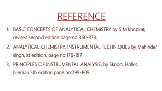 1. BASIC CONCEPTS OF ANALYTICAL CHEMISTRY by S.M khopkar,
revised second edition page no:360-373.
2. ANALYTICAL CHEMISTRY, INSTRUMENTAL TECHNIQUES by Mahinder
singh,1st edition, page no:176-187.
3. PRINCIPLES OF INSTRUMENTAL ANALYSIS, by Skoog, Holler,
Nieman.5th edition page no:799-809.
 