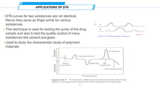 ➢DTA curves for two substances are not identical.
Hence they serve as finger prints for various
substances.
➢This technique is used for testing the purity of the drug
sample and also to test the quality control of many
substances like cement,soil,glass.
➢Used to study the characteristic study of polymeric
materials
APPLICATIONS OF DTA
15
 