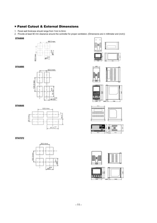 - 11 -
ƒ Panel Cutout & External Dimensions
1. Panel wall thickness should range from 1mm to 8mm
2. Provide at least 90 mm clearance around the controller for proper ventilation. (Dimensions are in millimeter and (inch))
DTA4848
65.0 min.
60.0
min.
45
+0.6
0
45
+0.6
0
DTA4896
DTA9648
DTA7272
 