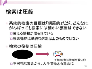 検索は圧縮
 系統的検索の目標は「網羅的」だが、どんなに
がんばっても検索には細かい芸当はできない
使える情報が限られている
検索機能は単純な選別以上のものではない
 検索の役割は圧縮
不可視な集合から、人手で扱える集合に
10
＋集約された情報（件数など）
 