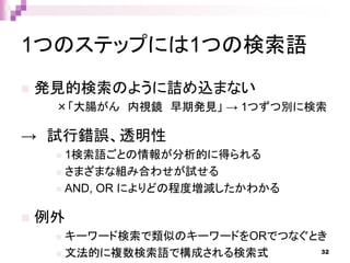 1つのステップには1つの検索語
 発見的検索のように詰め込まない
×「大腸がん 内視鏡 早期発見」 → 1つずつ別に検索
→ 試行錯誤、透明性
 1検索語ごとの情報が分析的に得られる
 さまざまな組み合わせが試せる
 AND, OR によりどの程度増減したかわかる
 例外
 キーワード検索で類似のキーワードをORでつなぐとき
 文法的に複数検索語で構成される検索式 32
 