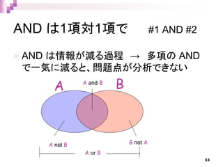 AND は1項対1項で #1 AND #2
 AND は情報が減る過程 → 多項の AND
で一気に減ると、問題点が分析できない
A B
A not B B not A
A and B
A or B
33
 