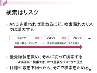 検索はリスク
 AND を重ねれば重ねるほど、検索漏れのリス
クは増大する
 優先順位を決め、それに従って検索する
 より確実に検索でき、かつ重要なブロックが優先
 目標件数を下回ったら、そこで検索を止める35
ブロック ブロック ブロックand and ・・・
件数は絞られていくが ・・・ 思わぬ検索漏れのリスクも増大
 