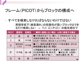 フレーム（PICOT）からブロックの構成へ
 すべてを検索しなければならないわけではない
 再現率低下（検索漏れ）の危険性が高いブロックはでき
るだけ検索しない → T-I（ -C（-P-O）） の優先順位で
PICOT 重要性 危険性 ■特に検索しない場合 ☆特に検索する場合
T 高 低 ■I が決まれば T も （稀に、T が決まれば I も）ほ
ぼ決まる場合（例. がんマーカー） → T か I のど
ちらか一方のみ、または T or I にするI 高 やや低
C
研究目的
による
やや高
■ごく一般的な検査手法の1つである場合、または
検索困難な場合（例. 問診）
P やや低 低～高
☆問題構成上きわめて重要で、かつ確実に検索で
きる患者属性（例. 新生児） ■状況（例. 入院前）、
症状（例. 痛みが強い）、一般的な属性（例. 男）
O 低 高 ☆副作用研究など 38
 