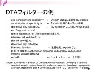 DTAフィルターの例
1. exp ‘sensitivity and specificity’/ ← OvidSP の文法、主題検索、explode
2. sensitivity.tw. or specificity.tw. ’ ← タイトルと抄録のキーワード検索
3. (predictive adj3 value$).tw. ← 同、truncation し、3語以内で近接演算
4. exp Diagnostic errors/
5. ((false adj positiv$) or (false adj negativ$)).tw.
6. (observer adj variation$).tw.
7. (roc adj curve$).tw.
8. (likelihood adj3 ratio$).tw.
9. likelihood function/ ← 主題検索、explode なし
10. [T の 主題検索、subheading= diagnosis, radiography, radionucleic
imaging, ultrasonography]
11. or/1–10 ← 1 or 2 or 3 or … or 10 と同じ
Vincent S, Greenley S, Beaven O. Clinical Evidence diagnosis: Developing a sensitive
search strategy to retrieve diagnostic studies on deep vein thrombosis: a pragmatic
approach. Health Info Libr J. 2003 Sep;20(3):150-9. より Strategy C （一部改変）51
 