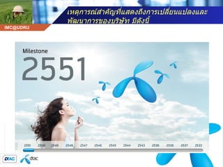 เหตุการณ์สำคัญที่แสดงถึงการเปลี่ยนแปลงและพัฒนาการของบริษัท มีดังนี้ 