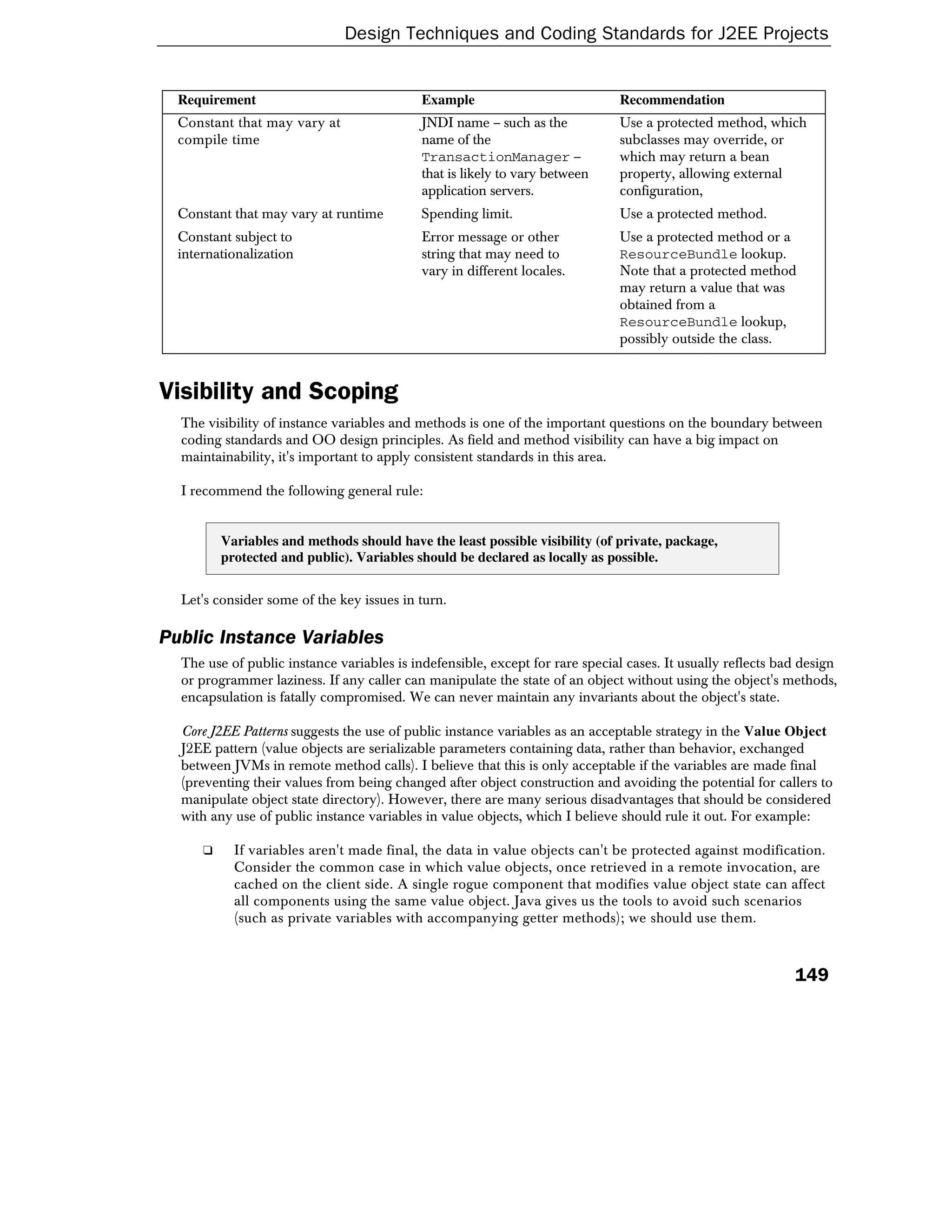 Design Techniques and Coding Standards for J2EE Projects


  Requirement                               Example                           Recommendation
  Constant that may vary at                 JNDI name – such as the           Use a protected method, which
  compile time                              name of the                       subclasses may override, or
                                            TransactionManager –              which may return a bean
                                            that is likely to vary between    property, allowing external
                                            application servers.              configuration,
  Constant that may vary at runtime         Spending limit.                   Use a protected method.
  Constant subject to                       Error message or other            Use a protected method or a
  internationalization                      string that may need to           ResourceBundle lookup.
                                            vary in different locales.        Note that a protected method
                                                                              may return a value that was
                                                                              obtained from a
                                                                              ResourceBundle lookup,
                                                                              possibly outside the class.



Visibility and Scoping
  The visibility of instance variables and methods is one of the important questions on the boundary between
  coding standards and OO design principles. As field and method visibility can have a big impact on
  maintainability, it's important to apply consistent standards in this area.

  I recommend the following general rule:


          Variables and methods should have the least possible visibility (of private, package,
          protected and public). Variables should be declared as locally as possible.


  Let's consider some of the key issues in turn.

Public Instance Variables
  The use of public instance variables is indefensible, except for rare special cases. It usually reflects bad design
  or programmer laziness. If any caller can manipulate the state of an object without using the object's methods,
  encapsulation is fatally compromised. We can never maintain any invariants about the object's state.

  Core J2EE Patterns suggests the use of public instance variables as an acceptable strategy in the Value Object
  J2EE pattern (value objects are serializable parameters containing data, rather than behavior, exchanged
  between JVMs in remote method calls). I believe that this is only acceptable if the variables are made final
  (preventing their values from being changed after object construction and avoiding the potential for callers to
  manipulate object state directory). However, there are many serious disadvantages that should be considered
  with any use of public instance variables in value objects, which I believe should rule it out. For example:

      ❑     If variables aren't made final, the data in value objects can't be protected against modification.
            Consider the common case in which value objects, once retrieved in a remote invocation, are
            cached on the client side. A single rogue component that modifies value object state can affect
            all components using the same value object. Java gives us the tools to avoid such scenarios
            (such as private variables with accompanying getter methods); we should use them.



                                                                                                             149
 
