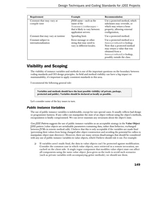 Design Techniques and Coding Standards for J2EE Projects


  Requirement                               Example                           Recommendation
  Constant that may vary at                 JNDI name – such as the           Use a protected method, which
  compile time                              name of the                       subclasses may override, or
                                            TransactionManager –              which may return a bean
                                            that is likely to vary between    property, allowing external
                                            application servers.              configuration,
  Constant that may vary at runtime         Spending limit.                   Use a protected method.
  Constant subject to                       Error message or other            Use a protected method or a
  internationalization                      string that may need to           ResourceBundle lookup.
                                            vary in different locales.        Note that a protected method
                                                                              may return a value that was
                                                                              obtained from a
                                                                              ResourceBundle lookup,
                                                                              possibly outside the class.



Visibility and Scoping
  The visibility of instance variables and methods is one of the important questions on the boundary between
  coding standards and OO design principles. As field and method visibility can have a big impact on
  maintainability, it's important to apply consistent standards in this area.

  I recommend the following general rule:


          Variables and methods should have the least possible visibility (of private, package,
          protected and public). Variables should be declared as locally as possible.


  Let's consider some of the key issues in turn.

Public Instance Variables
  The use of public instance variables is indefensible, except for rare special cases. It usually reflects bad design
  or programmer laziness. If any caller can manipulate the state of an object without using the object's methods,
  encapsulation is fatally compromised. We can never maintain any invariants about the object's state.

  Core J2EE Patterns suggests the use of public instance variables as an acceptable strategy in the Value Object
  J2EE pattern (value objects are serializable parameters containing data, rather than behavior, exchanged
  between JVMs in remote method calls). I believe that this is only acceptable if the variables are made final
  (preventing their values from being changed after object construction and avoiding the potential for callers to
  manipulate object state directory). However, there are many serious disadvantages that should be considered
  with any use of public instance variables in value objects, which I believe should rule it out. For example:

      ❑     If variables aren't made final, the data in value objects can't be protected against modification.
            Consider the common case in which value objects, once retrieved in a remote invocation, are
            cached on the client side. A single rogue component that modifies value object state can affect
            all components using the same value object. Java gives us the tools to avoid such scenarios
            (such as private variables with accompanying getter methods); we should use them.



                                                                                                             149
 
