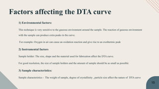 Factors affecting the DTA curve
1) Environmental factors:
This technique is very sensitive to the gaseous environment around the sample. The reaction of gaseous environment
with the sample can produce extra peaks in the curve.
For example- Oxygen in air can cause an oxidation reaction and give rise to an exothermic peak
2) Instrumental factors
Sample holder: The size, shape and the material used for fabrication affect the DTA curve.
For good resolution, the size of sample holders and the amount of sample should be as small as possible
3) Sample characteristics:
Sample characteristics - The weight of sample, degree of crystallinity , particle size affect the nature of DTA curve
15
 